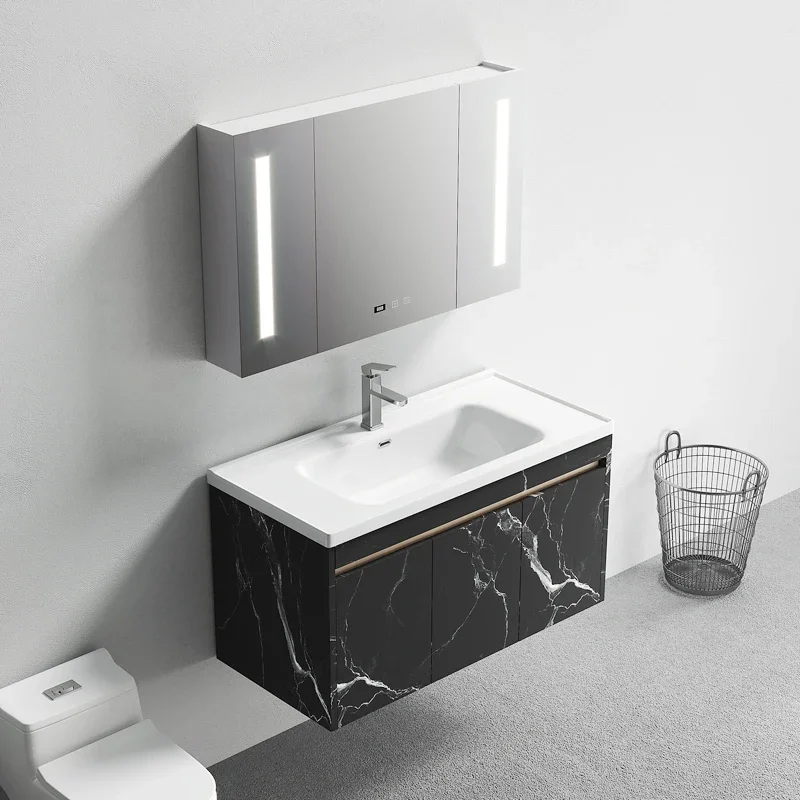 

Wood Grain Bathroom Cabinet Ceramic Whole Washbin Mirror Cabinet Combination Bathroom Small Apartment Wash Basin