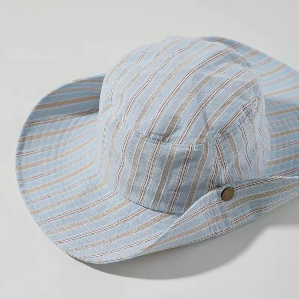 Striped Pattern Korean Version Hat Simple Design Big Eaves Simple Travel Hat Shading Function Korean Style Striped Bucket Hat