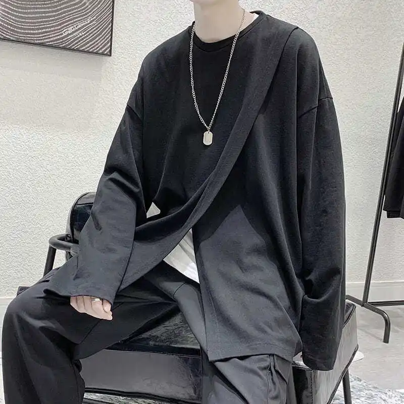 Side Slit Creative Design Oversized Soft Streetwear Korean Fashion Casual Long Sleeve T Shirt Men Summer Harajuku 2022 New Trend