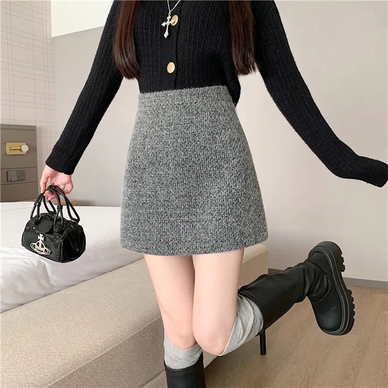 Women's Woolen Sexy Sheath Skirts Shiner Slim A-line Skirts Autumn Winter New Streetwear Versatile Tweed Short Skirts