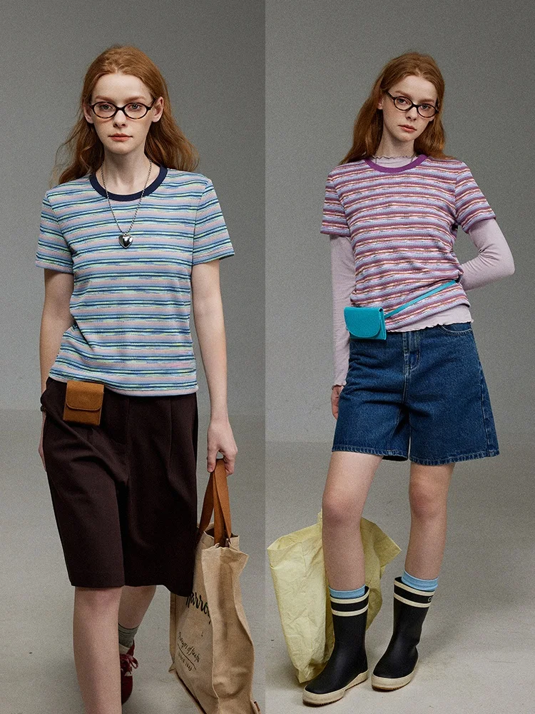 

Slim Fit Striped ort Sve T-irt Women's Spring Summer New Sle round Ne f Sve Top LITLECOT Purple Blue Color B...