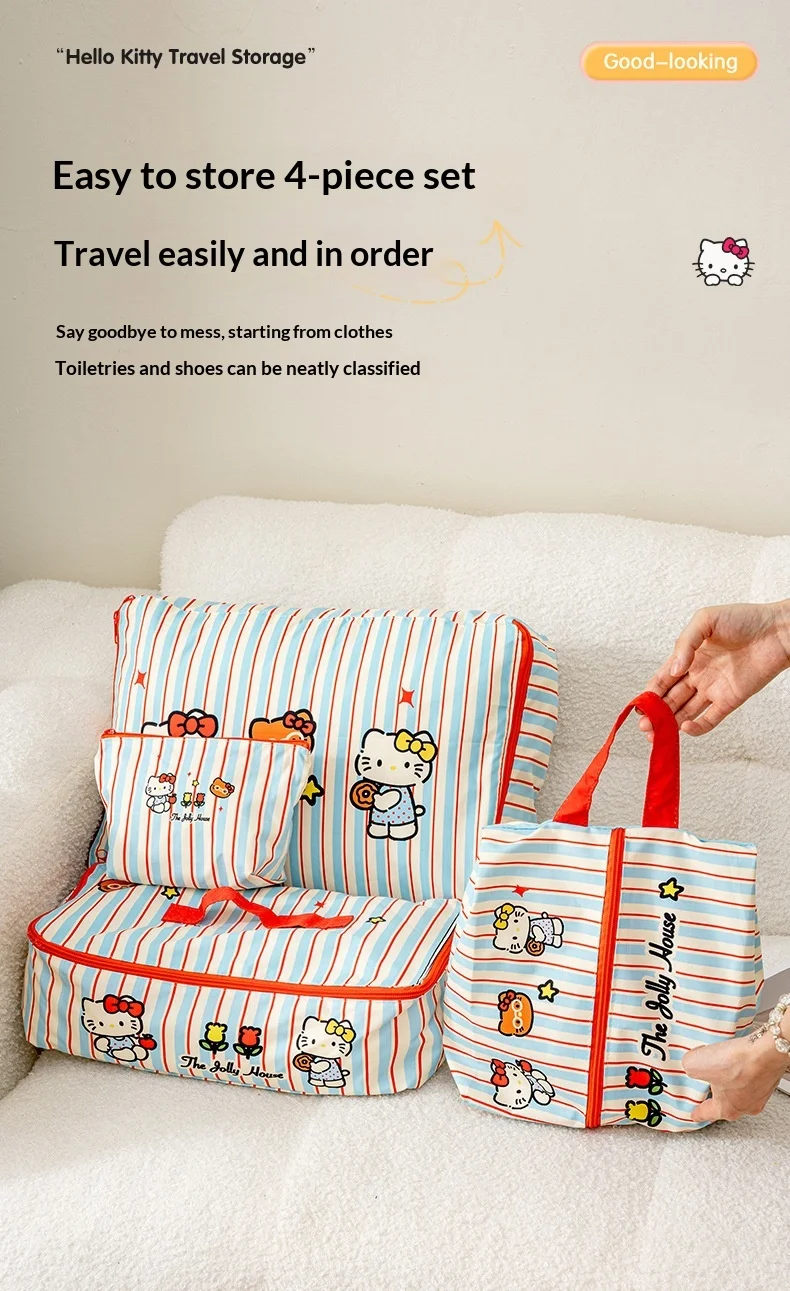 Hello Kitty Gestreifte Reise-Aufbewahrungstaschen Wasserdichte Koffer-Organizer-Tasche für Kleidung, Unterwäsche, Schuhe, Organisation, Geschenk – Detail 3