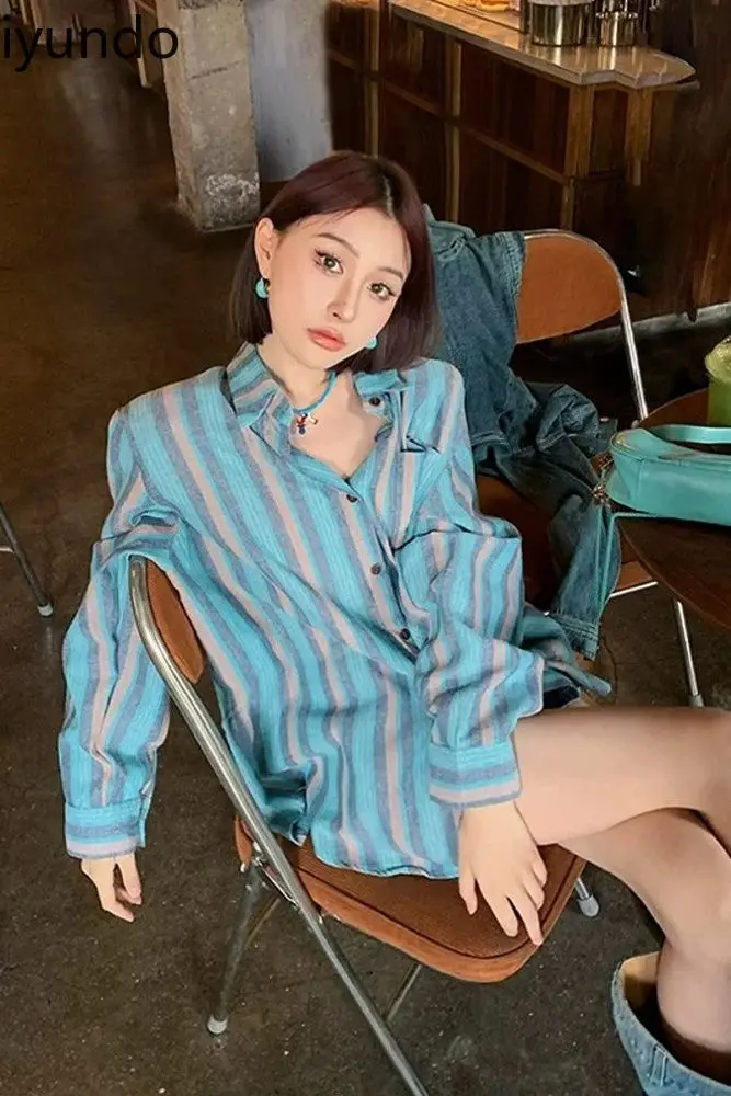 

Vintage Vertical Stripes Color-Block Top Women's Spring Summer Oversized Cardigan Blazer Loose-Fit Casual Chic Design Blouse