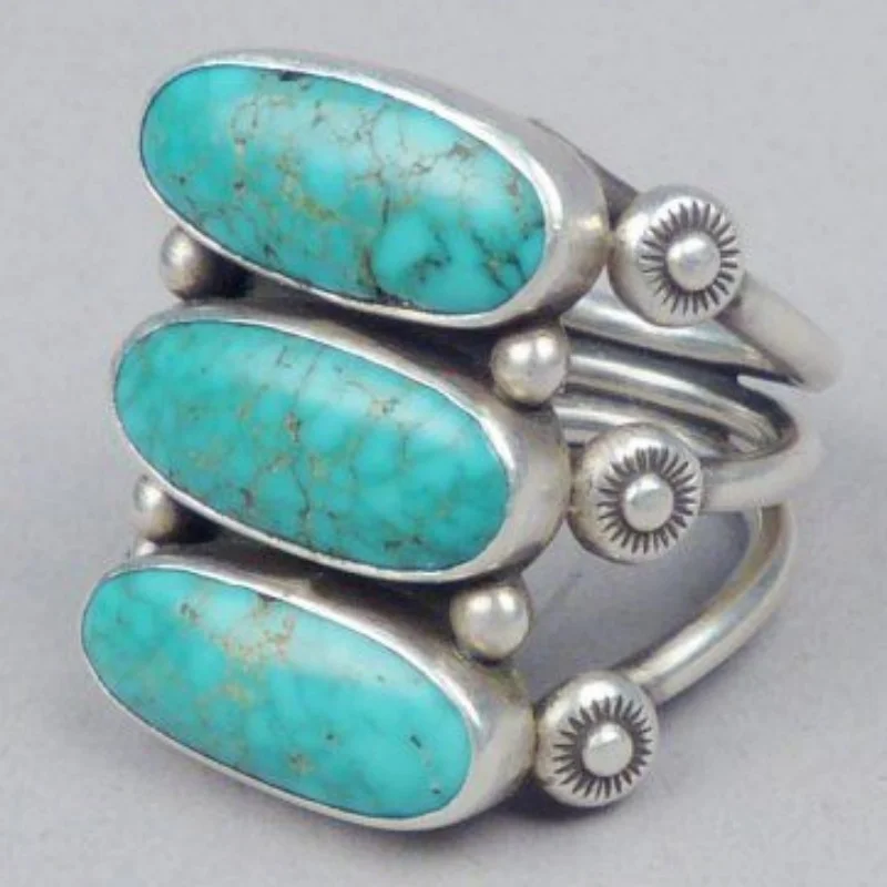 Ladies' Luxury Vintage Ring With Three Rows Elliptical Synthetic Turquoise Design Bohemian Style Ring Daily Casual Jewelry