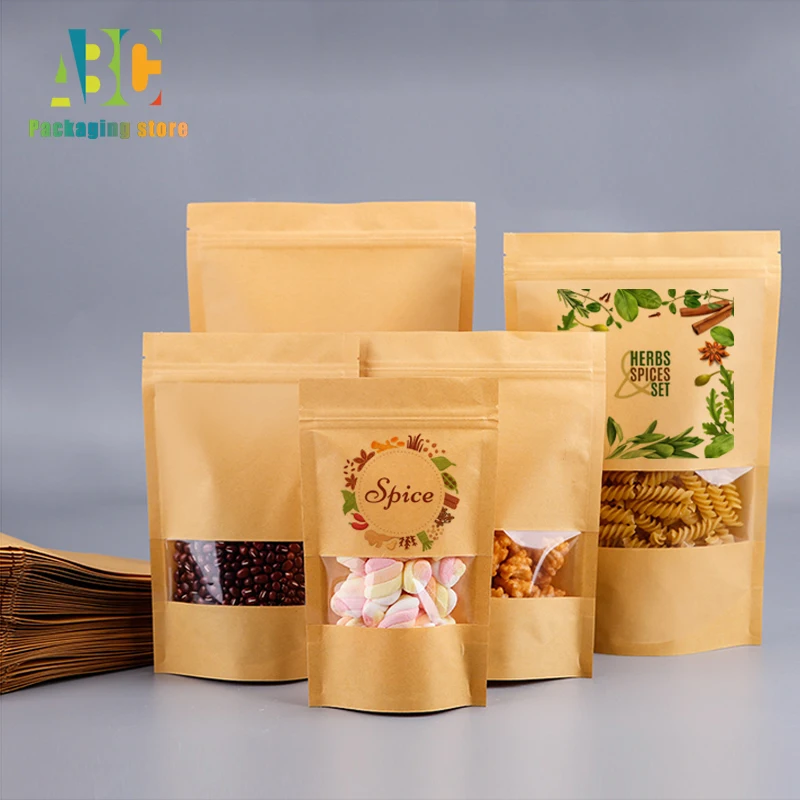 Customized Printing Kraft Paper Standing Window Zipper Bag, Condiment Tea, Sugar, Nut Storage, Packaging Pouch, High Quality