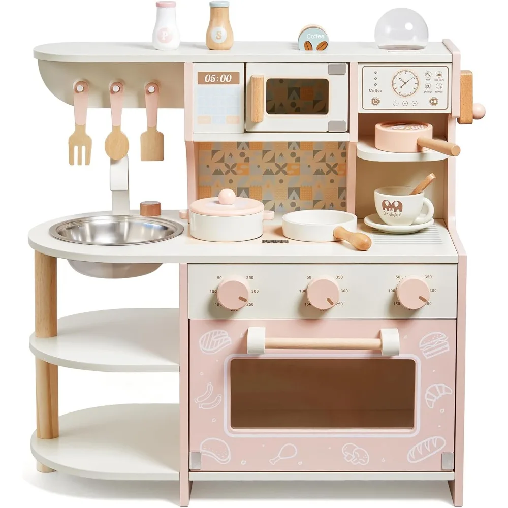 Toddler Play Kitchen, Wooden Toys Kids Kitchen Playset with Coffee Maker Play Food Kitchen Accessories Cooking Set,Gift