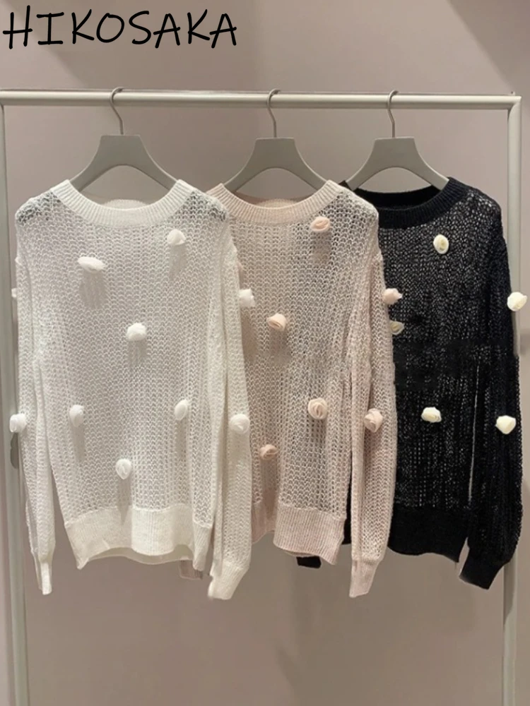 Sweet Three-dimensional Floral Mesh Knitwear O-neck Long Sleeve Loose Pullovers Japanese Temperament Solid Sweaters 2024 New