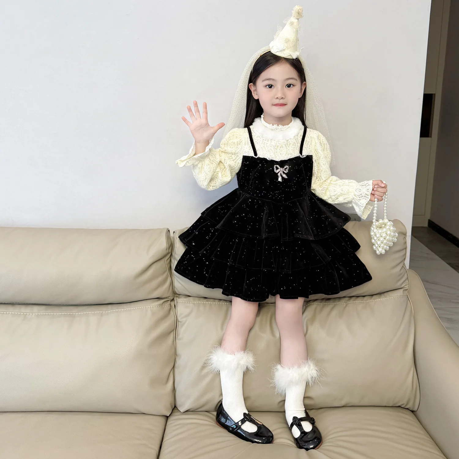Girls Black Sparkling Velvet Cake Dress 2025 Autumn and Winter New Girls Fake Two-piece Princess Dress