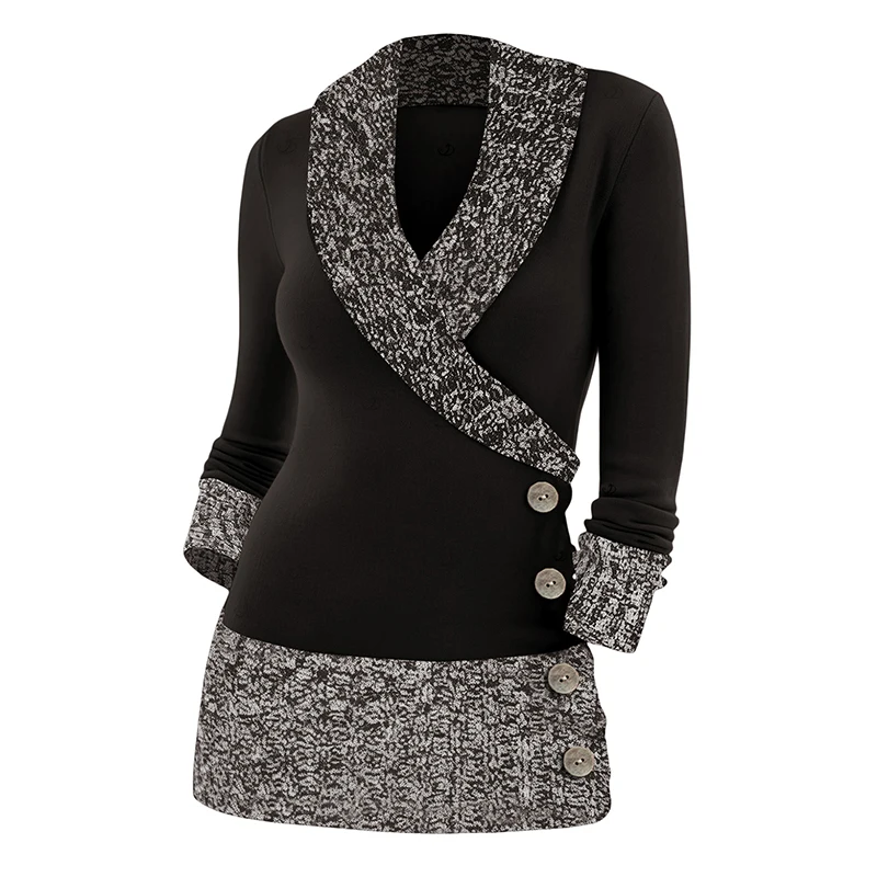 Dressfo Women's Top Colorblock Sweater Mock Button Surplice Long Sleeve Pullover Sweater