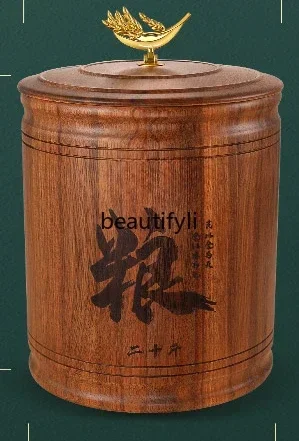 Black and gold sandalwood solid wood rice barrel 10kg 15kg household wooden lid sealed insect-proof moisture-proof rice