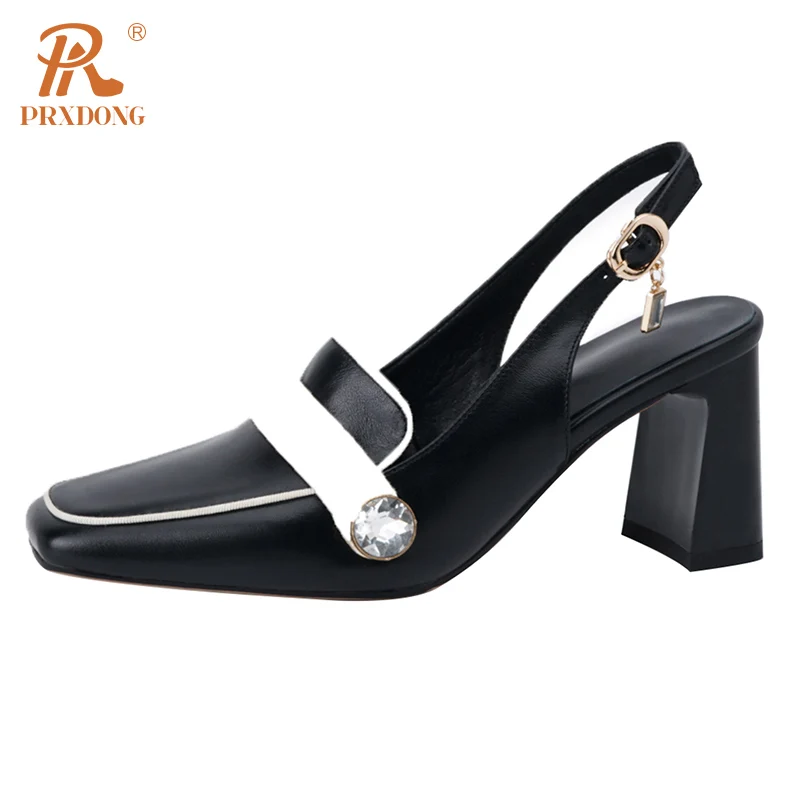 PRXDONG New 2024 Spring SUmmer Genuine Leather Square High Heels Black Beige Dress Party Work Female Pumps Shoes Big Size 34-43