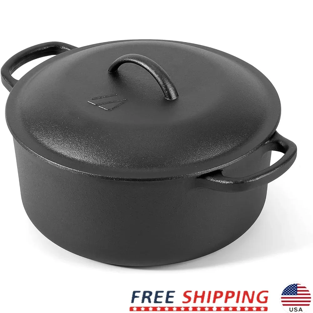 

6QT Cast Iron Dutch Oven Pot with Lid Dual Handles Oven Safe Cooking Pan Baking Stewing Roasting Frying Grilling Camping