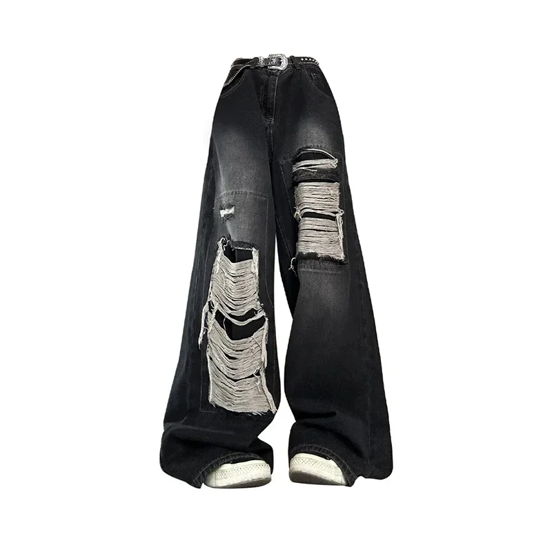 

Women's Gothic Black Jeans High Waist Vintage Korean Fashion Y2K Streetwear Ripped Harajuku Casual Women Wide Leg Denim Trousers