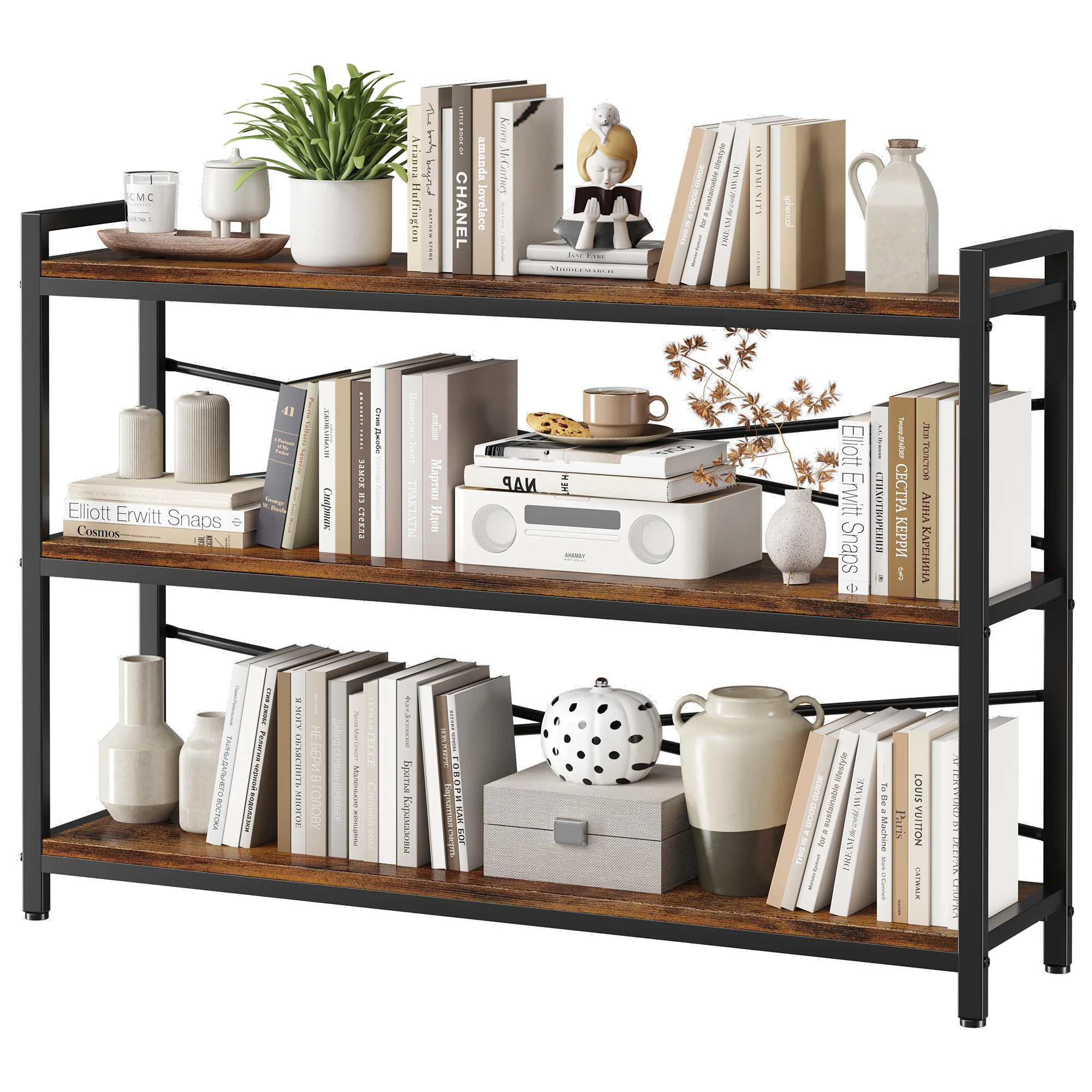 

3 Tier Bookshelf 47.2" Width, Wood and Metal Etagere Bookcase, Vintage Farmhouse Modern Wooden Big Book Shelf (Rustic Brown)