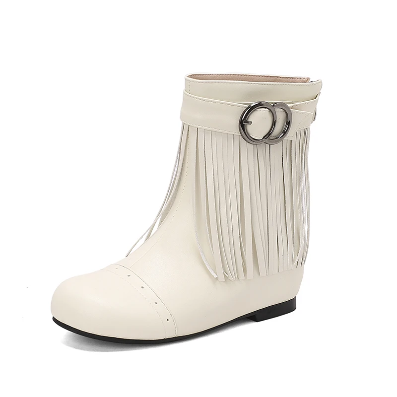 

Women Fringe Ankle Boots with 3.5cm Hidden Heels Cute Shoes Comfortable Round Toe Back Zipper Belt Decor Short Booties