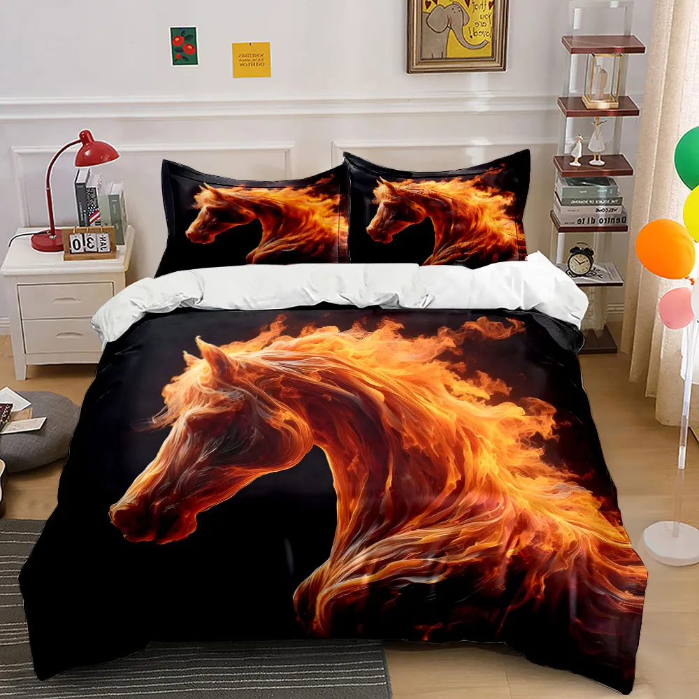 3pcs Fiery Horse Head Art Pattern Duvet Cover Set Digital Print Colorful Polyester Bedding with Zipper Closur for kids gifts