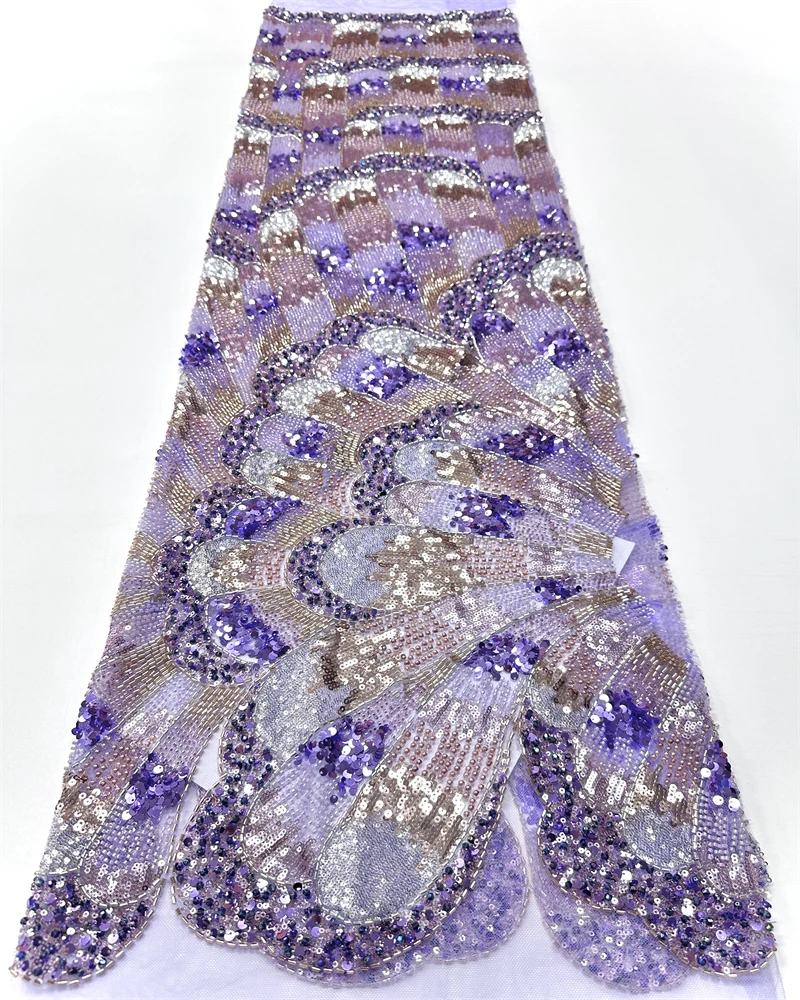 

High Quality African Nigerian Net Lace Fabric With Sequins Handmade Beaded Lace Cloth Prom Dresses Beads