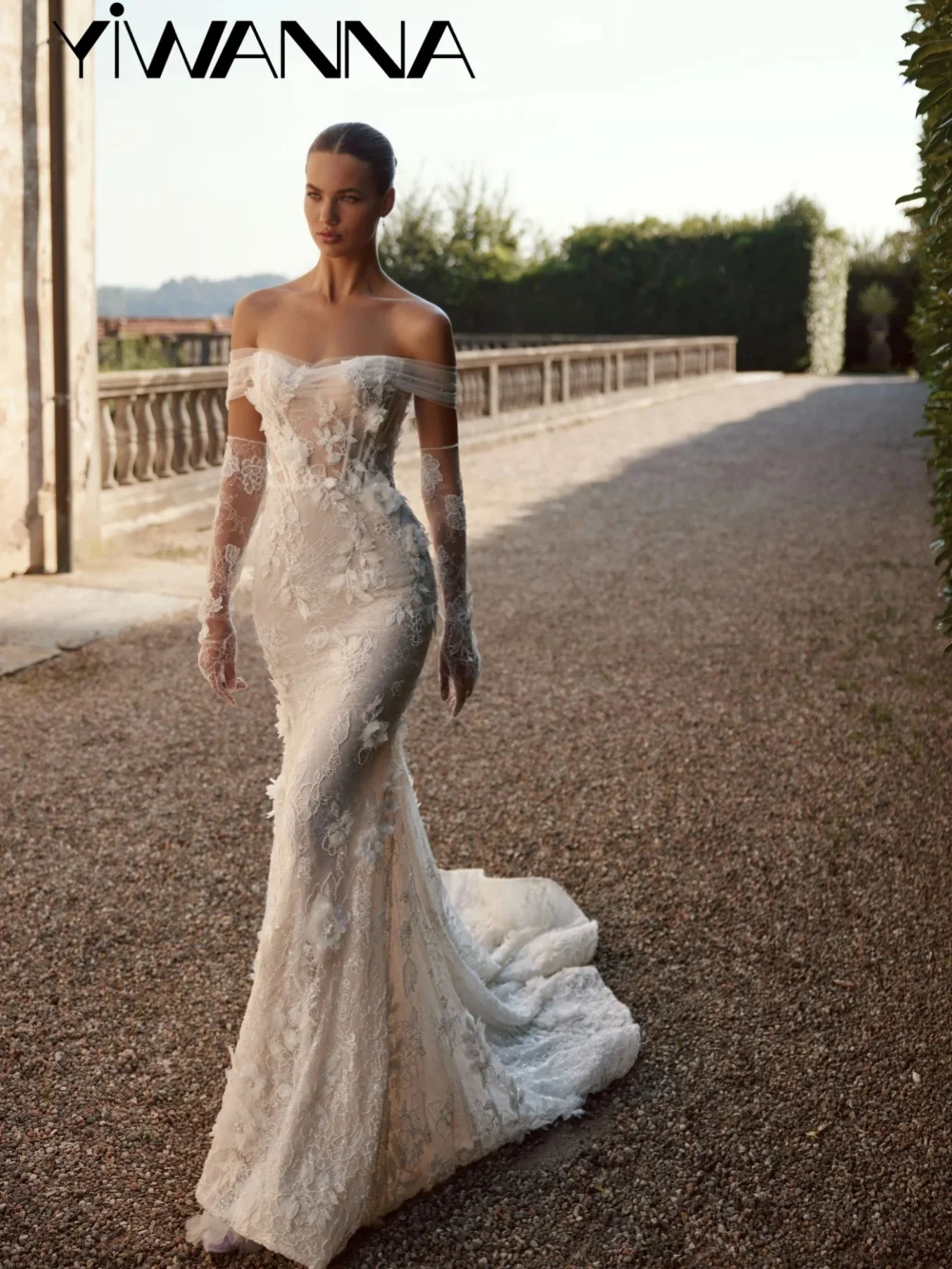 فستان زفاف دانتيل مطرز بطول الأرض بدون قفازات فستان زفاف ثلاثي الأبعاد بدون أكتاف 2026 فساتين مخصصة للعروس #1