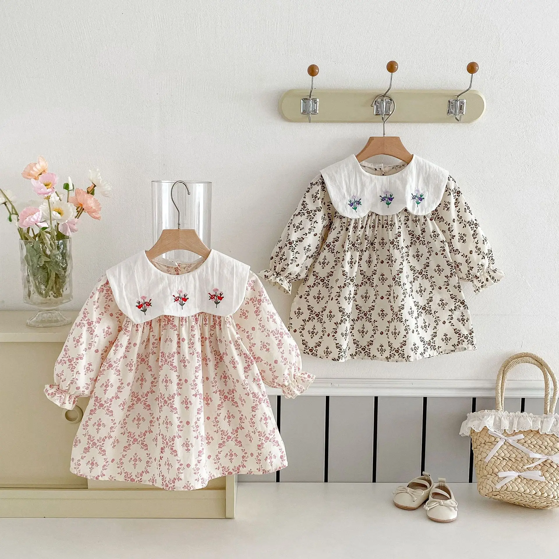 2025 Autumn New Girls Casual Dress Children Large Collar Flower Embroidery Dress Cotton Baby Girl Floral Princess Dress
