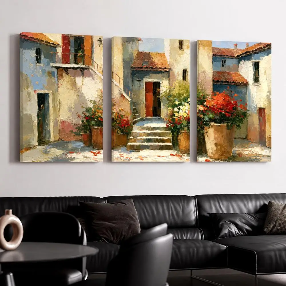 Tuscan Courtyard Floral Framed Wall Painting Ready to Hang Canvas Poster for Bedroom Living Room Hallway Home Decor Gift