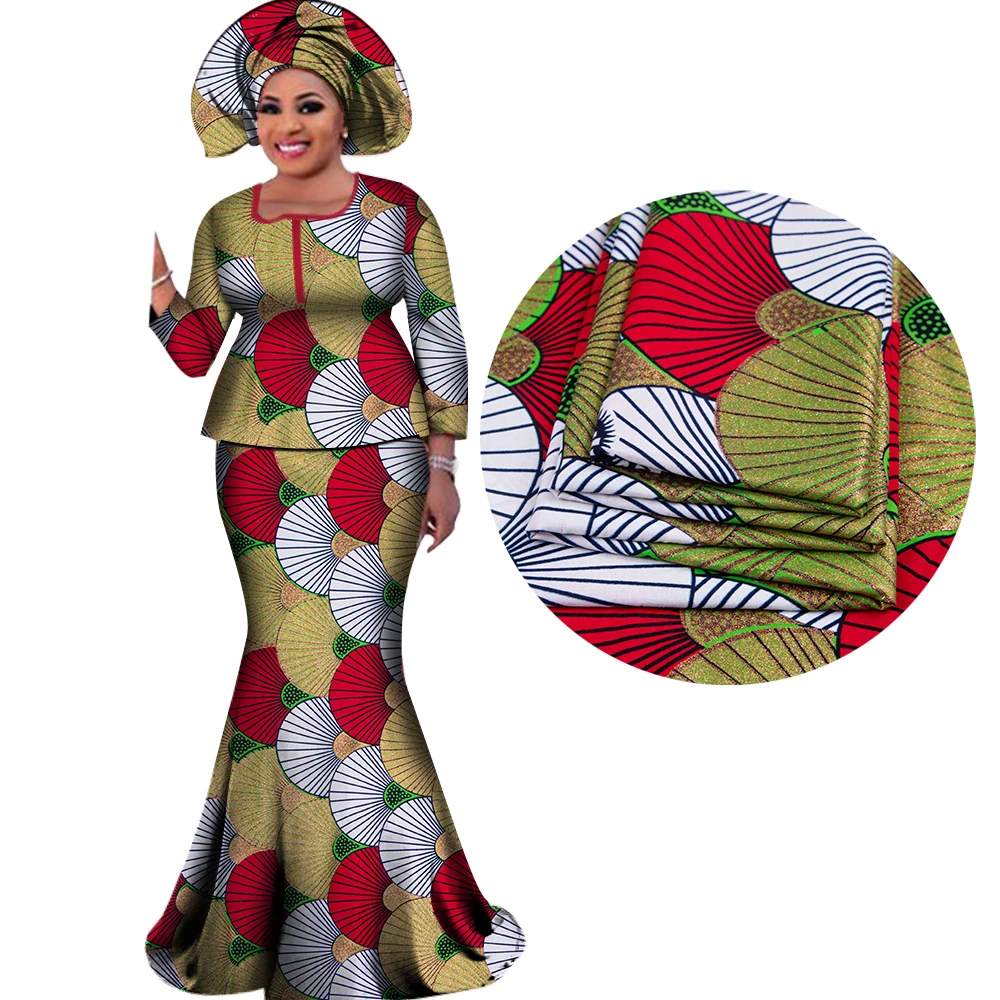 Gild Women African Outfits with Headscarf Bazin Riche African Print Blouse and Long Skirts Bronzing Women Suits Clothes WY3109