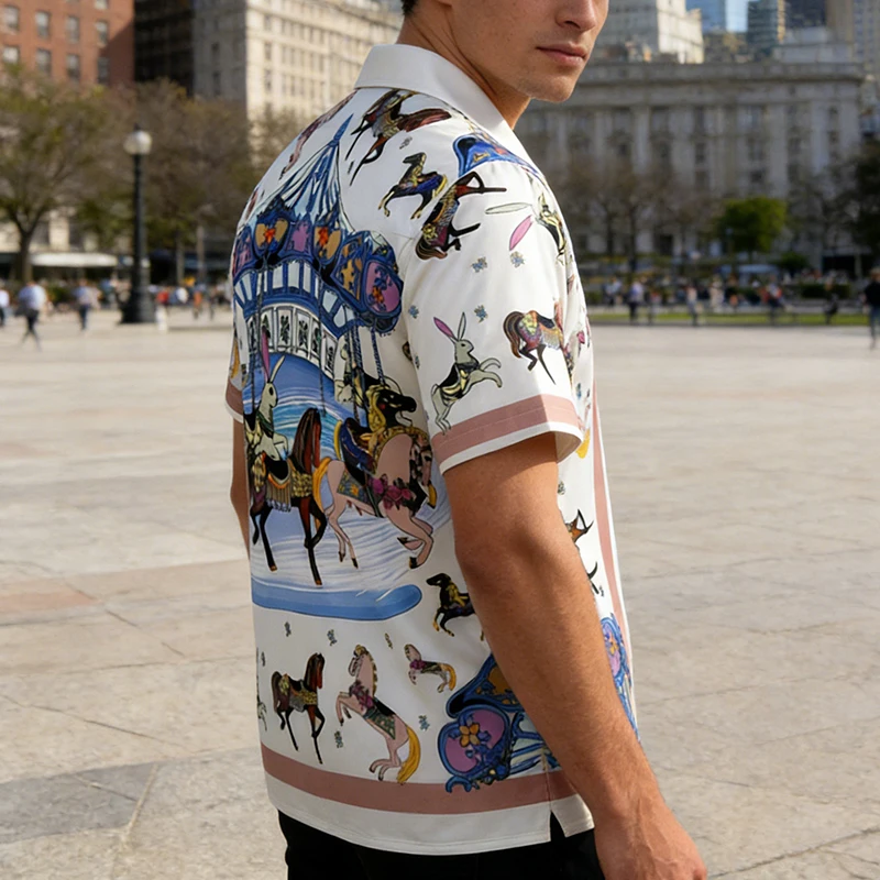 Men's Short-Sleeve Shirt with Vintage Pattern, Turn-Down Collar, and Button Front description 5