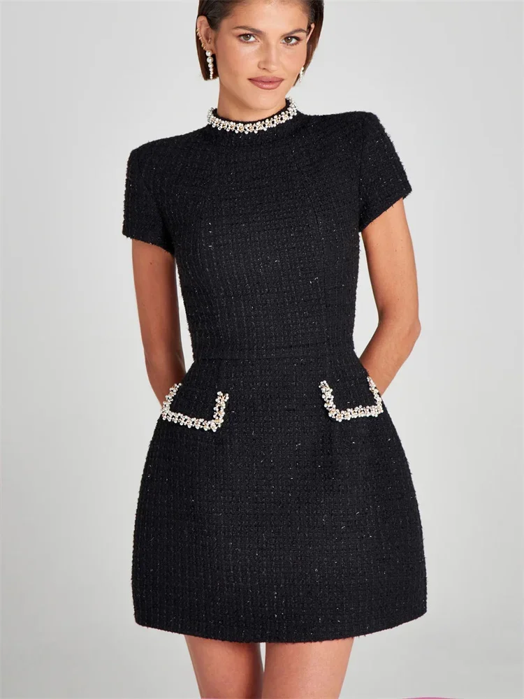 

Glitter Beading Elegant Mini Dress Women Summer Pocket Short Sleeve Fashion Slim Dress Gown Women's Vntage Evening Party Dresses