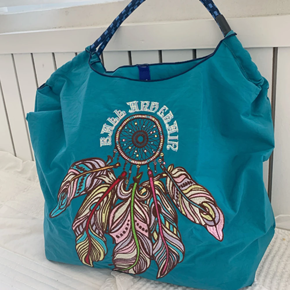 Feather Nylon Tote Dream Catcher Eco Bags for Women Handbags Large Embroidery Shoulder Bag Rope Handle Shopper Purses Ball Hobo