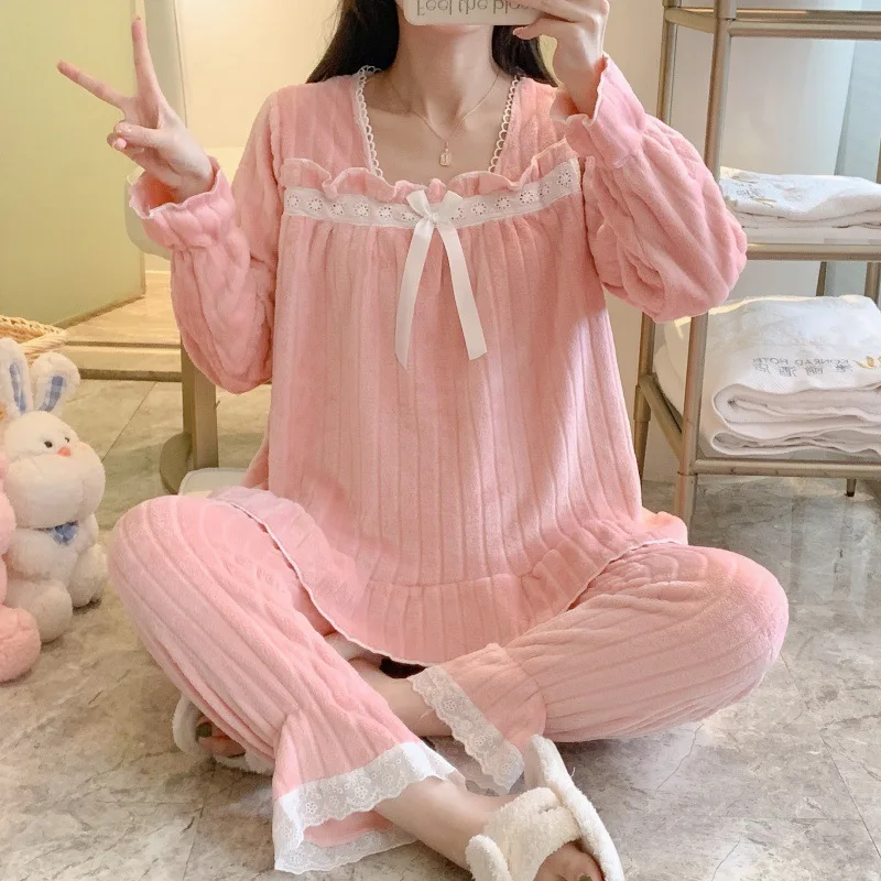 Flannel Women\'s Pajamas Sets Autumn Winter Sleepwear Bow Solid Velvet Pyjama Ladies Lace Pijama Mujer 2 Piece Pjs Warm Homewear