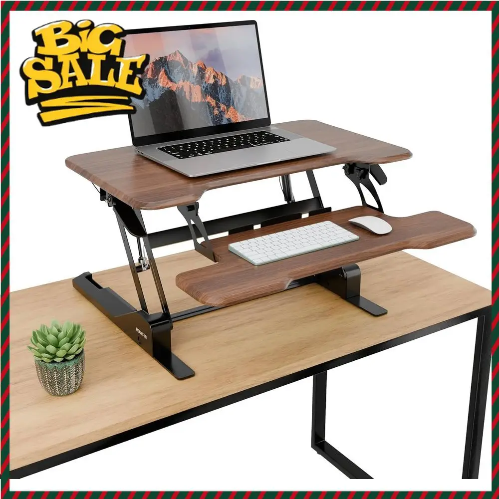 30 Gas Spring-Lift Standing Desk Converter with Compact Design and Keyboard Tray for Monitors and Laptops, Walnut FinishLimited