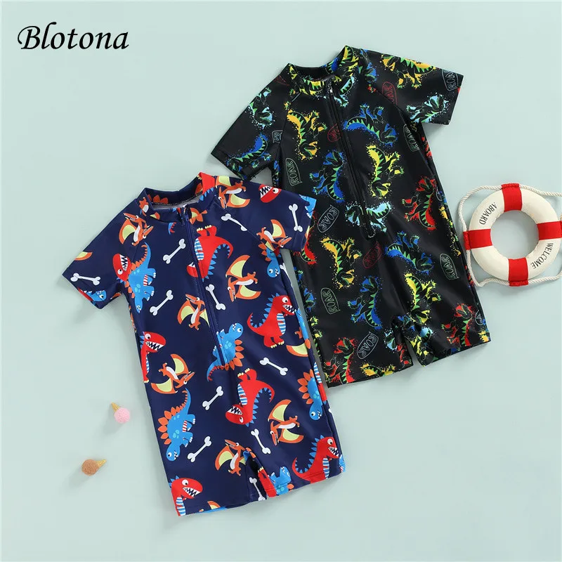 

Blotona Kids Boys Swimwear, Short Sleeve Stand Neck Zipper Cartoon Dinosaur Print Shorts Summer Beach Swimsuit, 6Months-5Years