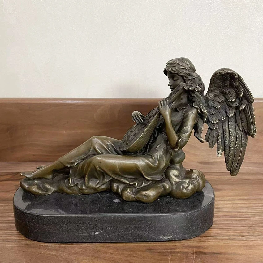 Bronze Angel Playing Lute Statue European Antique Sculpture Art Living Room Ornament Gorgeous Gift