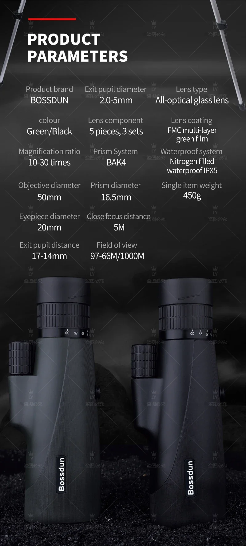 CAOX 10-30x50 Zoom HD Monokular-Teleskop für Vogelbeobachtung, Jagd, Camping - Inklusive Outdoor-Stativ & Handyhalterung – Detail 8