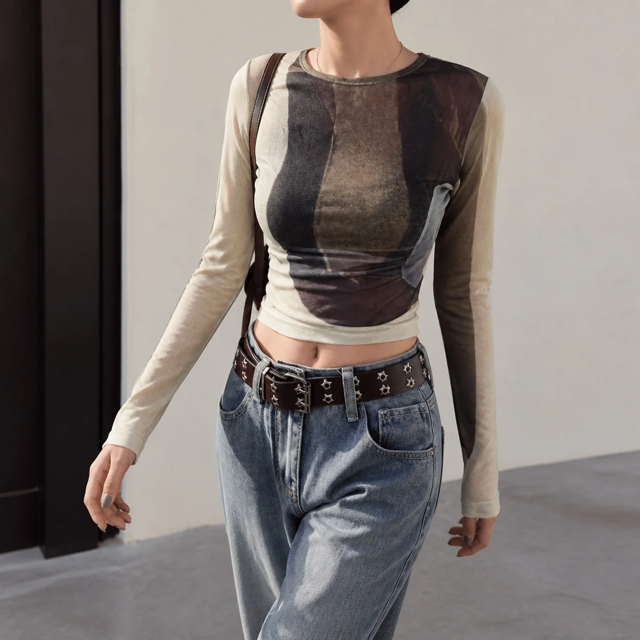 Women's Long Sleeve Mesh Crop T-shirt Round Neck Tie Dye Color Block Pullover Sheer Mesh Transparent Overlay Brown Beige