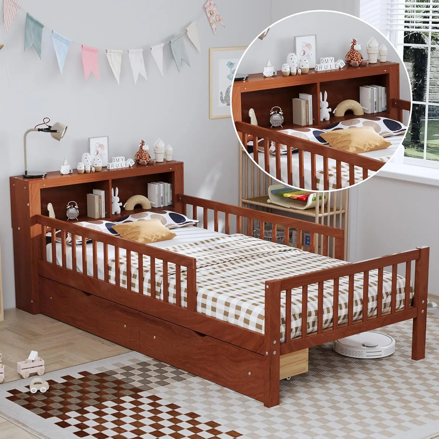 

Bed Platform Bed with Storage Headboard Wood Bed Frame with Storage 2 Drawers Bed Frame for Girls Boys Teens Walnut