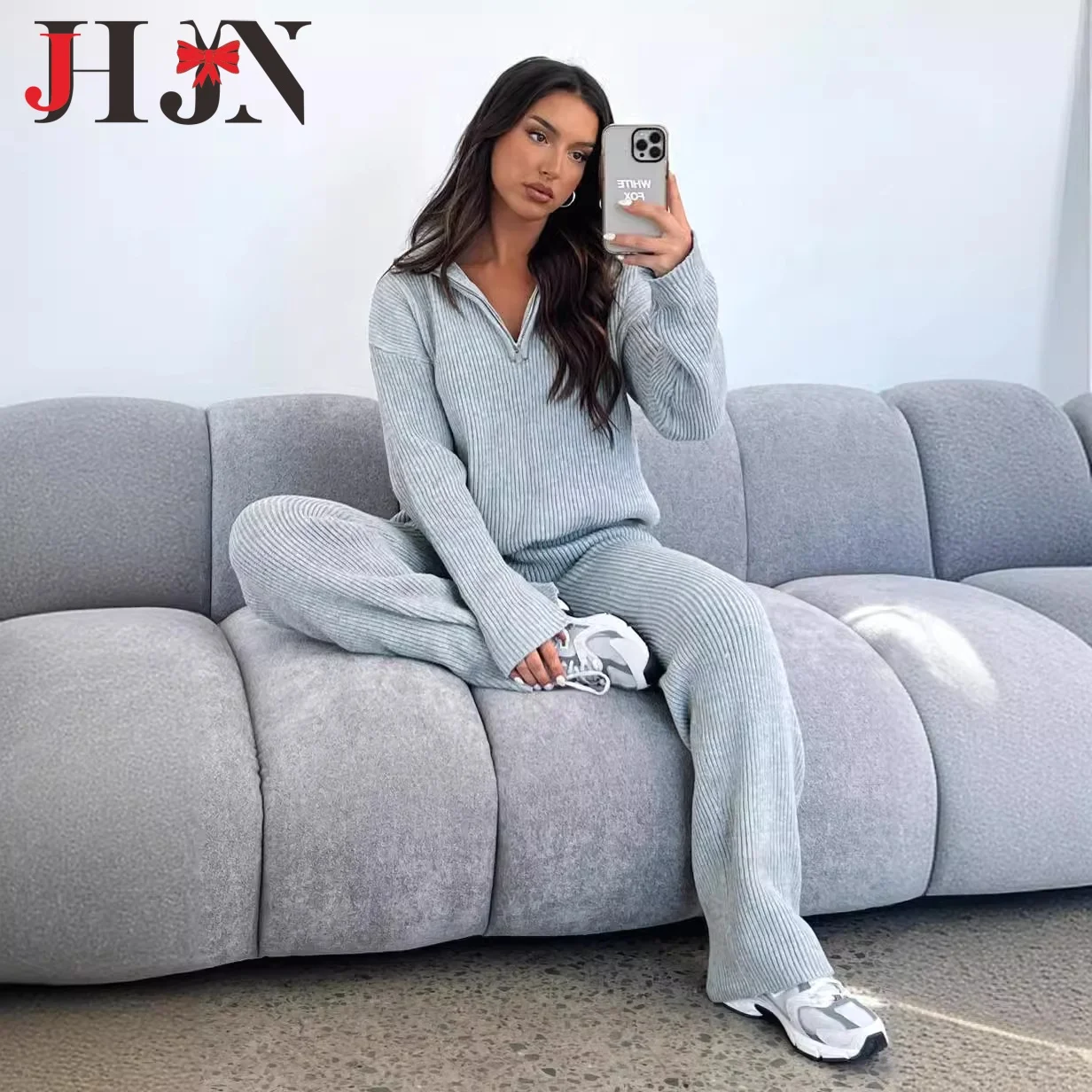 JHJN Women Pants Sets Casual Lapel Half Zipper Kinted Sweater Long Sleeve Tops Elasticity Straight Pant Suit Solid Girl Clothing