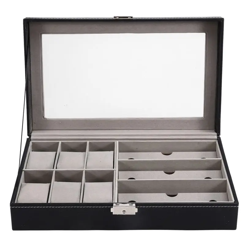 

CYL-2 в 1, коробка для хранения солнцезащитных очков из искусственной кожи, 6 слотов для хранения очков и 3 слота для часов, пылезащитный органайзер для хранения