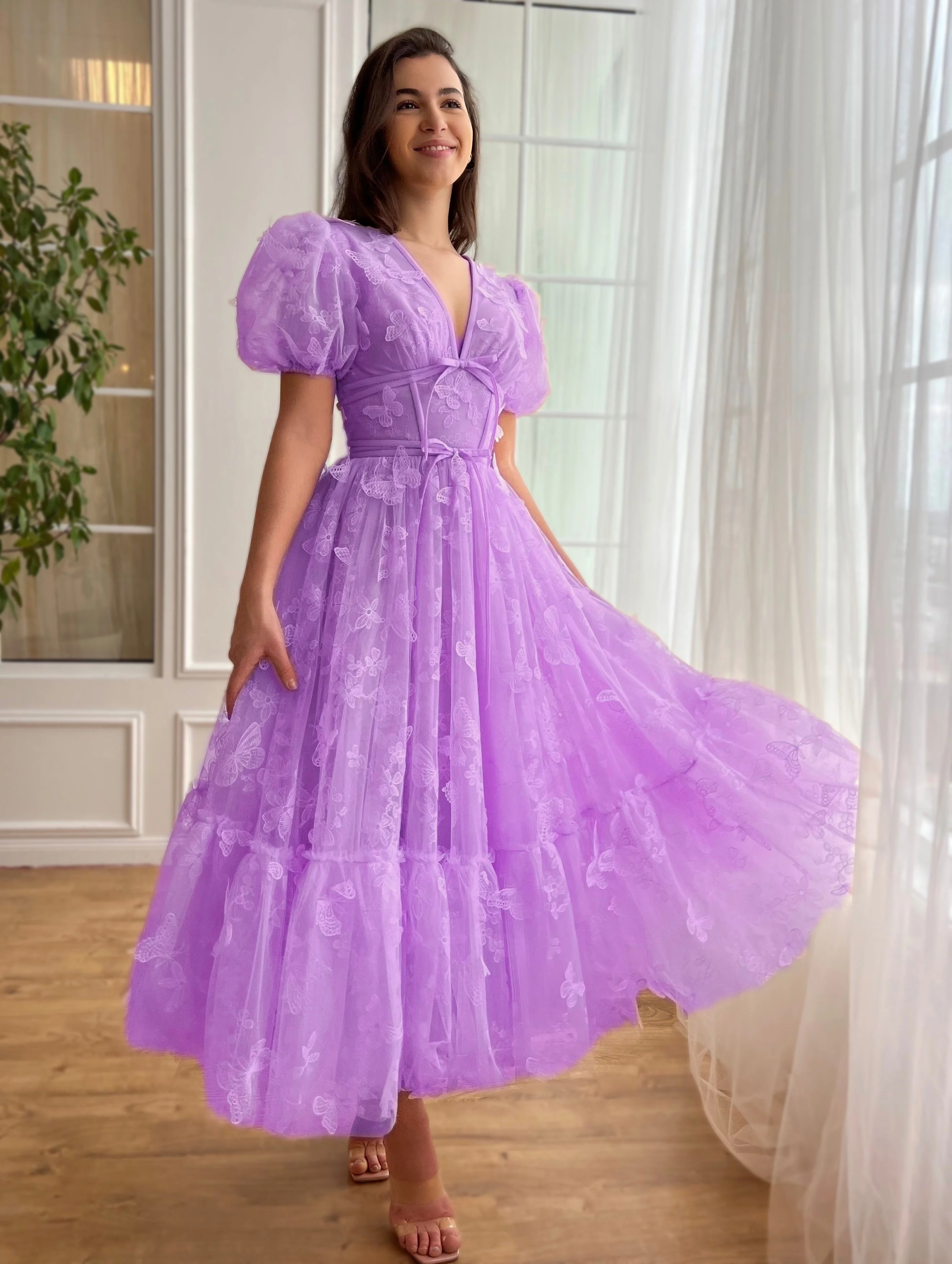 

Tulle Butterfly Embroidery V-neck Short Sleeve Homecoming Dresses Vibrant A-line Tea-Length Princess Dress Teen's Party Gowns