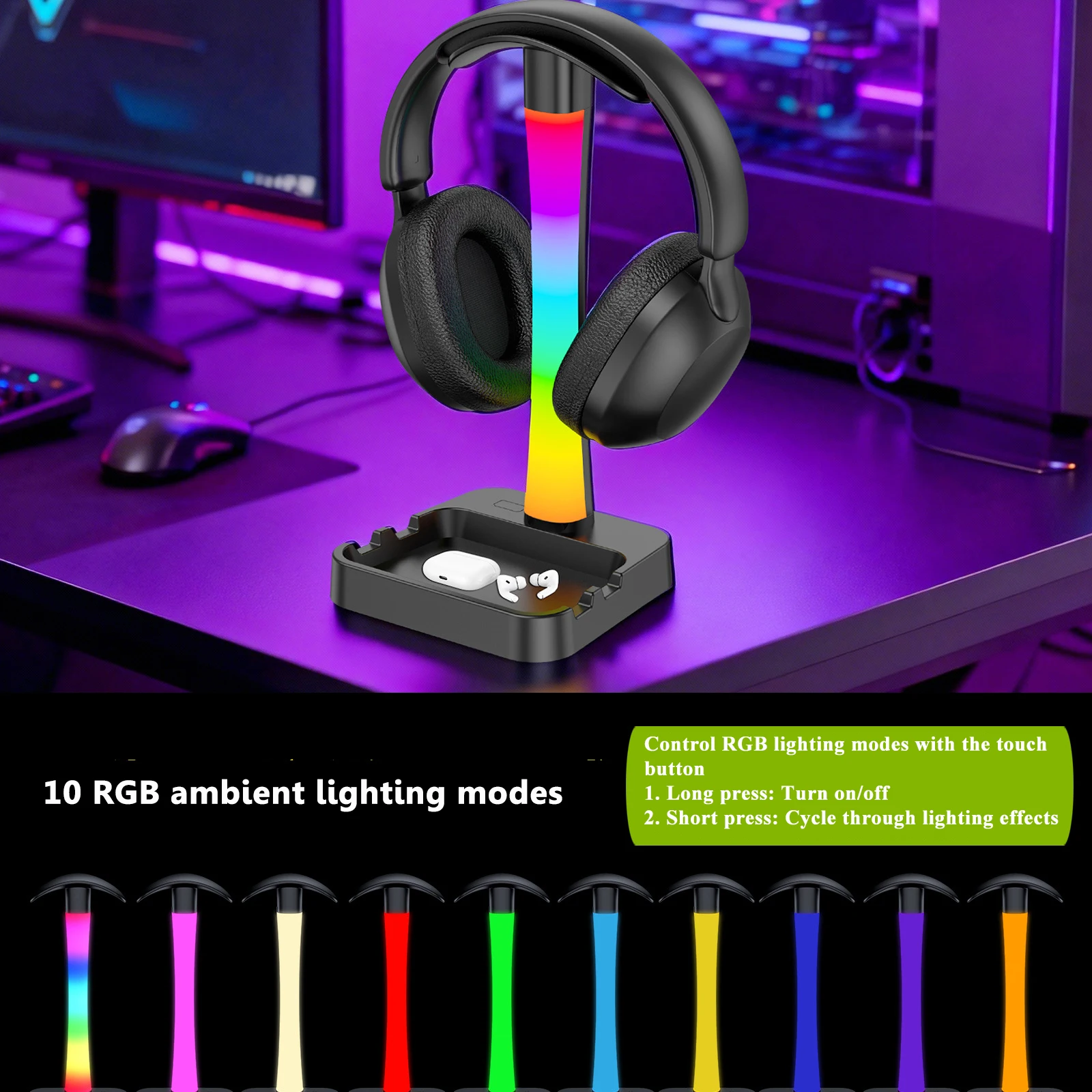 RGB Headphones Stand Multifunctional Gaming Headset Desktop  Display Shelf USB 2Type-C Charging Port for Phone Headset Earbuds