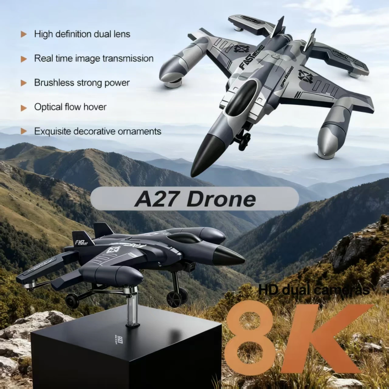 

Profesional SU-35 Plane A27 Drone With 8K HD Camera Brushless Remote Control Fighter Quadcopter Optical Flow RC Done