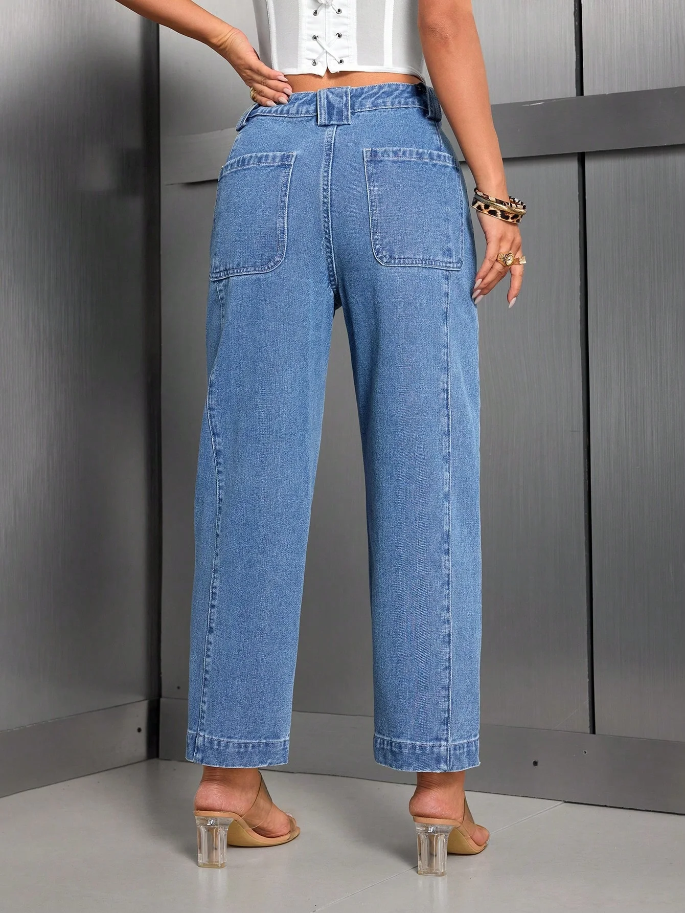 Women's Mid Waist Slim Tapered Jeans, Blue Washed Denim Pants, Casual Vintage Cropped Trousers, Minimalist Streetwear