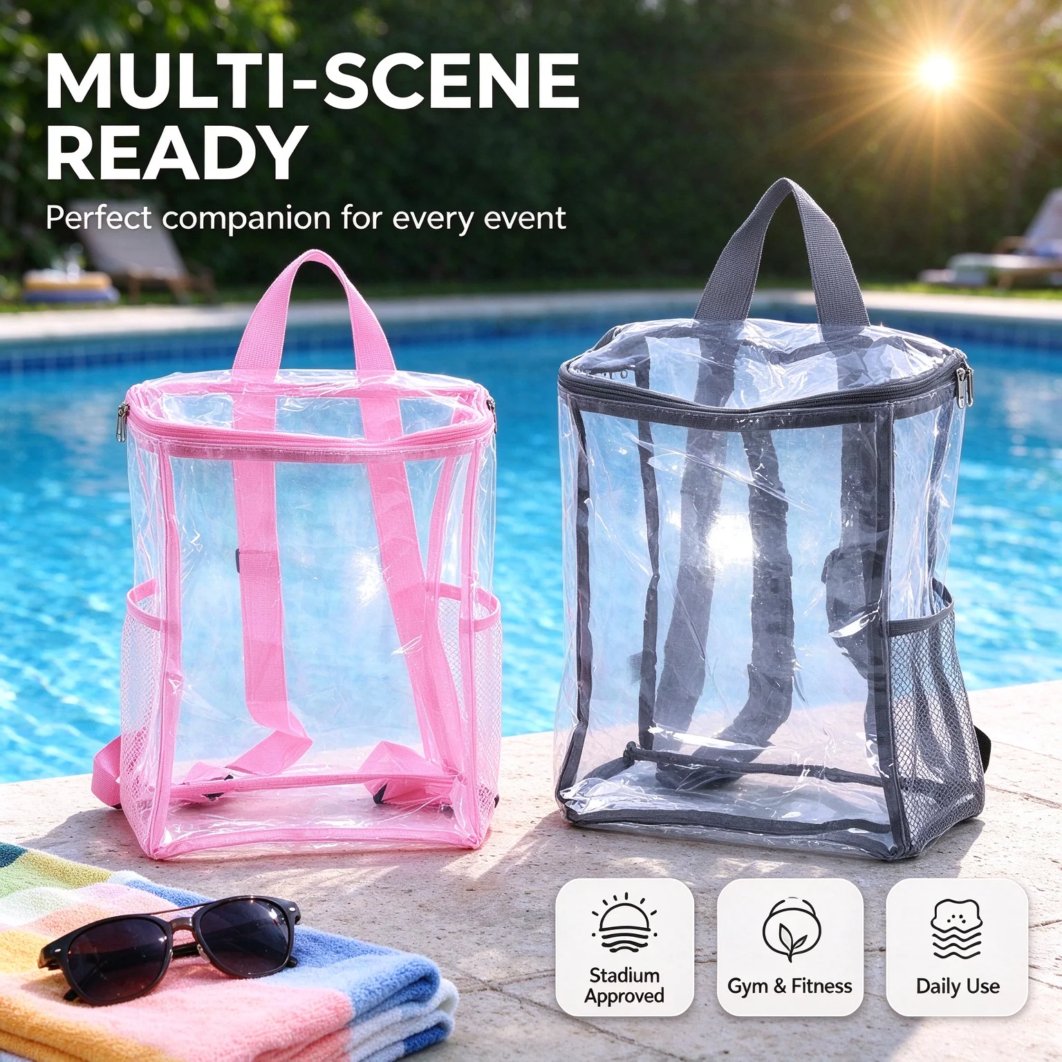Clear Backpack Stadium Approved TPU Transparent Backpack Heavy Duty See Through Bag with Mesh Pocket for Concert Sports Festival