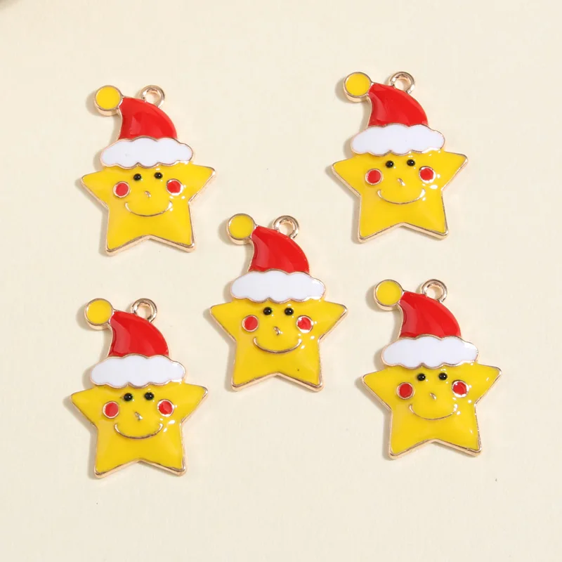 5pcs Gold Color 26x20mm Cartoon Enamel Christmas Hat Star Charms Smile Face Pendant Fit Jewelry Making Handcrafted Accessories