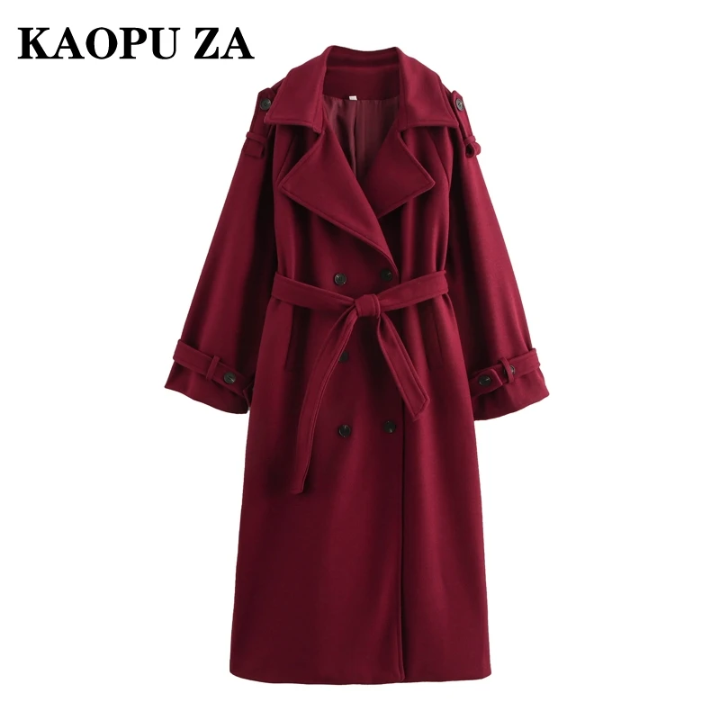 KAOPU ZA 2024 Autumn New Lady Chic Tweed Top Overcoat Classic Woman's Notched Collar Jacket Windproof Long Sleeve Outerwear belt