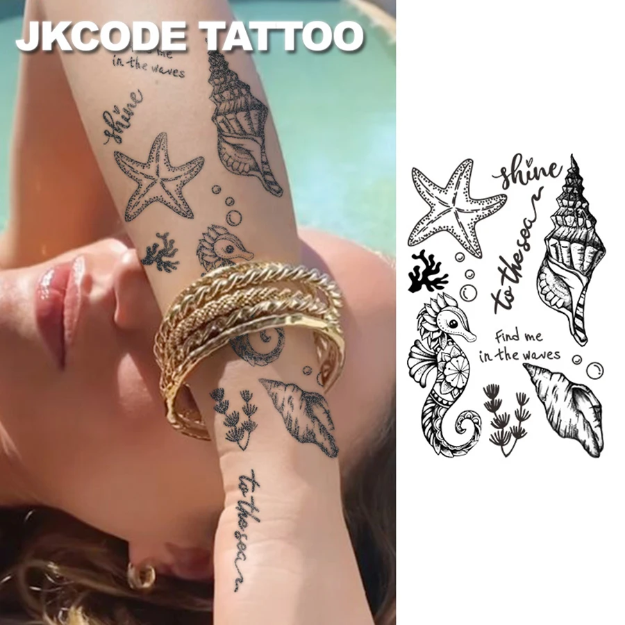 Ocean Minimal Tattoo-Herbal Tattoo Stickers Ins Style Cute Design-Ins Style-Ocean Theme Island Style Patterns-Conch Starfish Shells Seaweed Seahorse-Cute Tattoo Fashion Accessories for Women Finger Hand Neck Tattoo Long-Lasting Waterproof for 15 Days