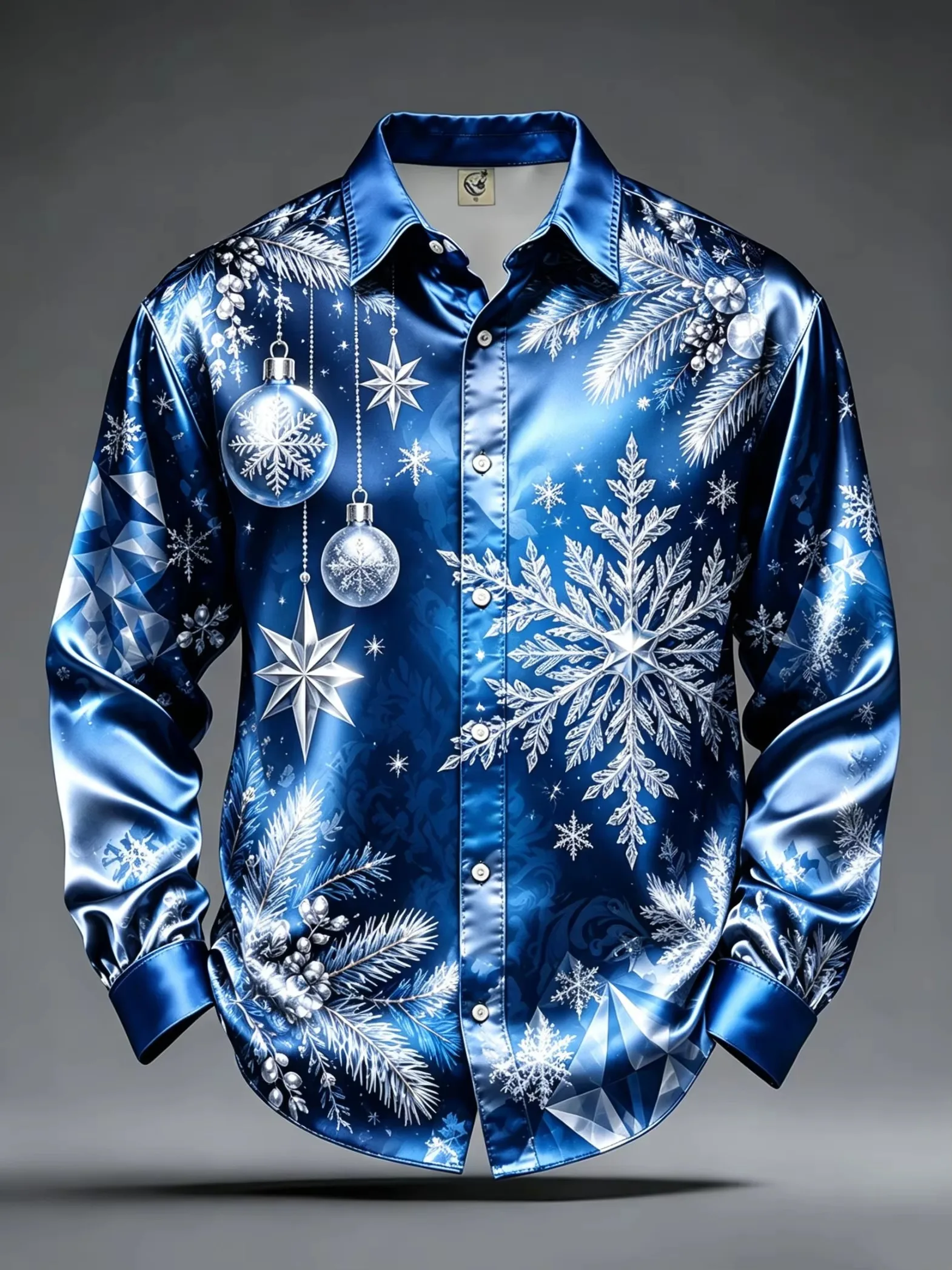 Men's Christmas Long-Sleeve Shirt Blue Snowflake Pine Tree Print Button-Down Collared Loose Fit Festive Party Streetwear Style