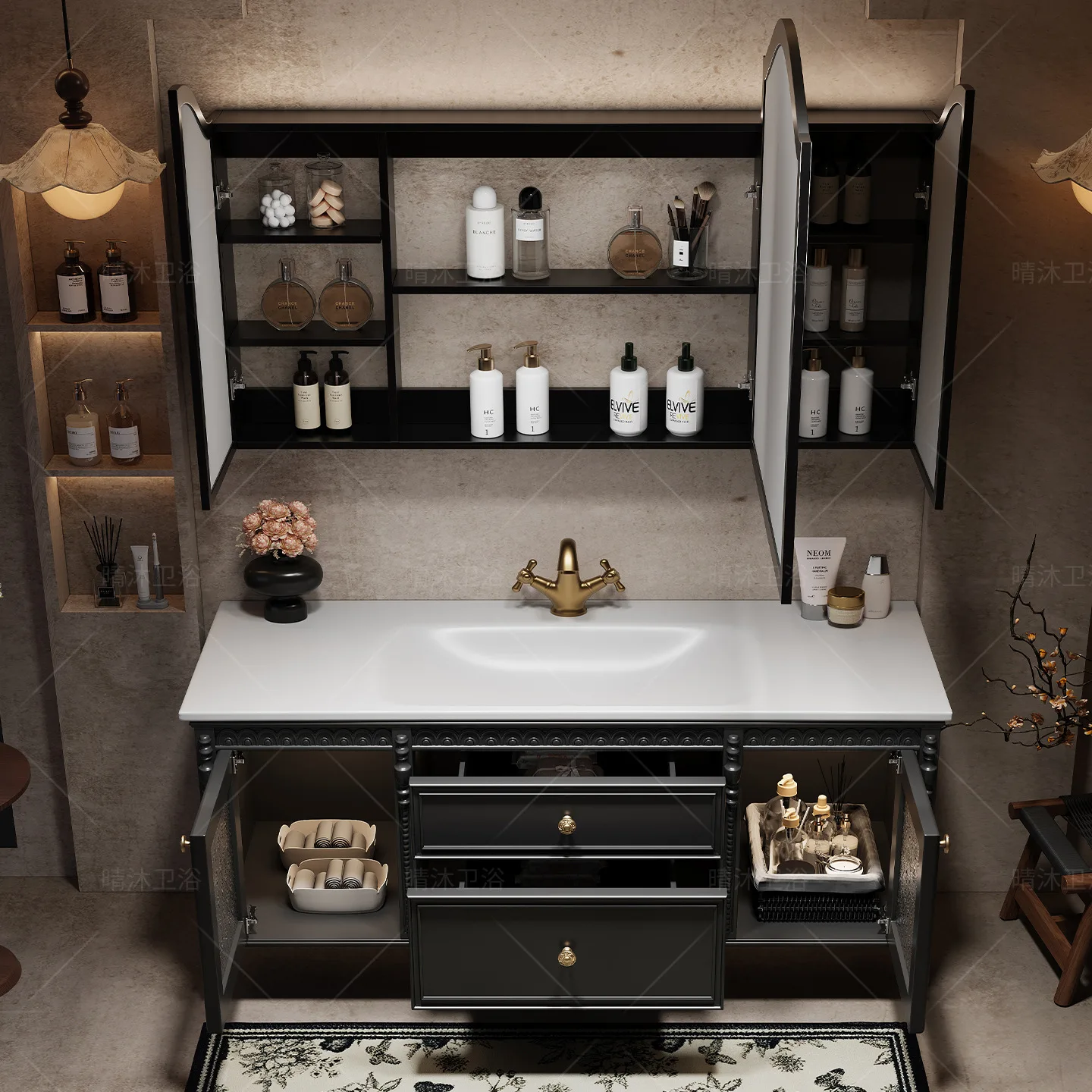 Factory Direct 2026 French antique bathroom cabinet combination oak bathroom washbasin washbasin rock slab hot bending integrate