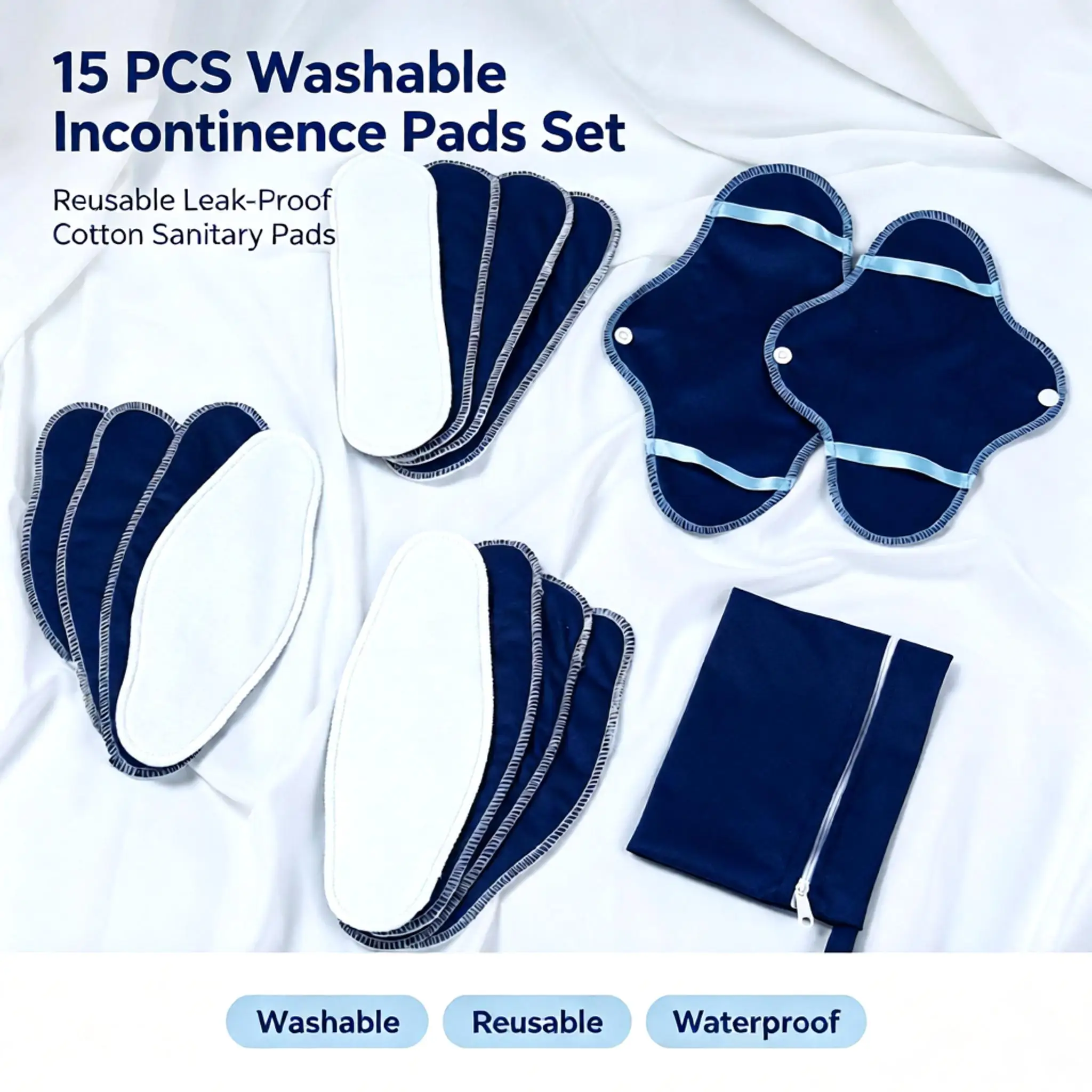 Washable Reusable Cloth Sanitary Pads 15Pcs Set Skin‑Friendly Absorbent Leak‑Proof Eco‑Friendly For Period Postpartum Women