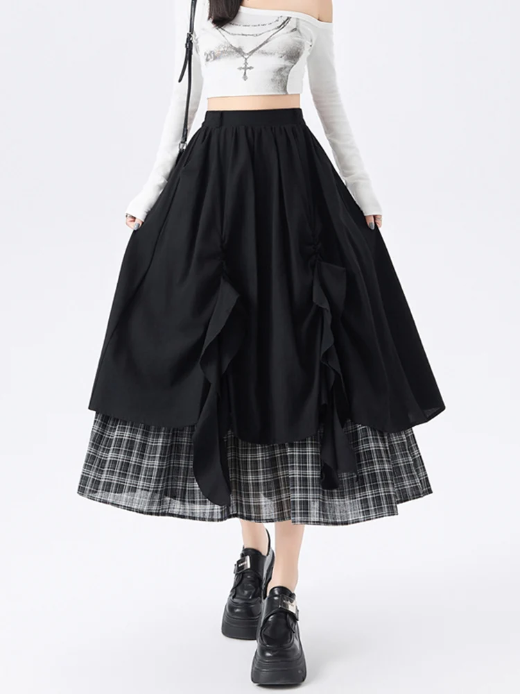 

Женская юбка миди в клетку с пэчворком, весенняя, элегантная, во французском стиле, с оборками и лентами, черная, А-силуэт, свободная, повседневная, винтажная