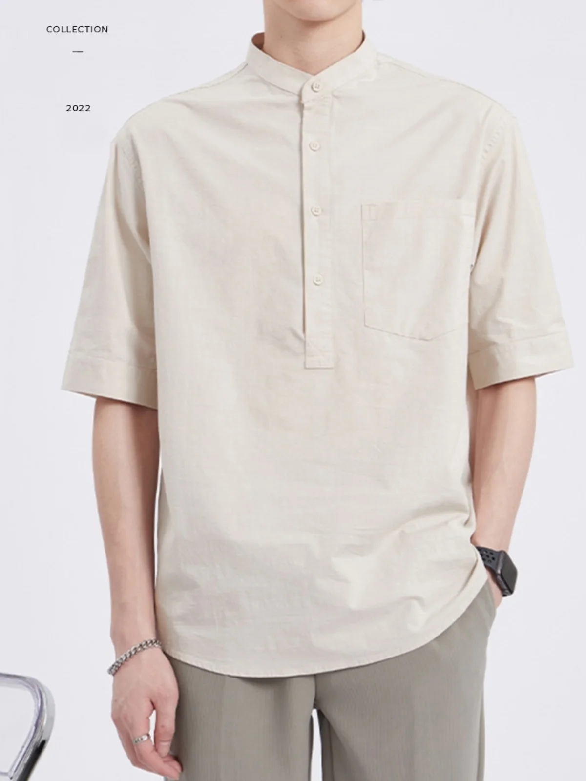 

Мужская рубашка в японском ретро-стиле с коротким рукавом, летняя, повседневная, с воротником-стойкой, универсальная, свободного кроя, молодежная, модная.